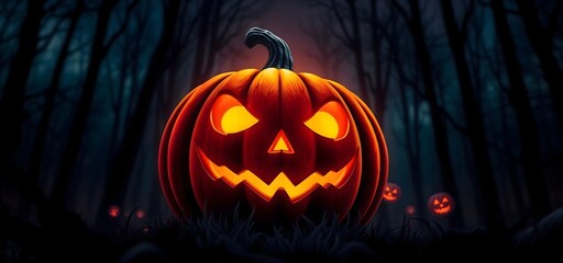 A menacing jack-o'-lantern with glowing eyes sits in a dark forest with blurred, dark forest