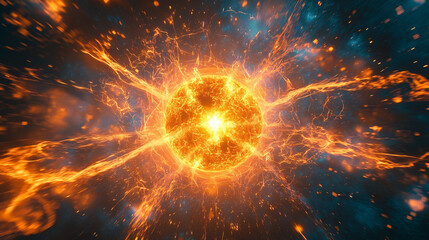 Obraz premium Visual representation of nuclear fission, showing atomic radiation waves emanating from a central core 
