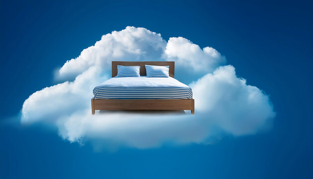  Bed Floating in a Blue Fluffy Cloud in the Sky Symbolic for Good Sleep A whimsical image of_1(158)
