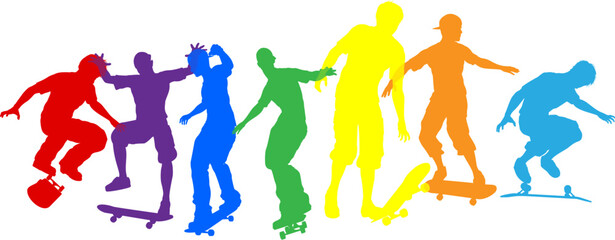Skateboarders skateboarding on skate boards silhouette people set. Active sports people healthy players fitness silhouettes concept.