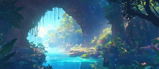 Obraz premium Artwork depicting a mystical jungle canyon interior suitable for use as background or wallpaper