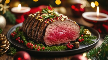 Close-up of a roast beef fillet on the Christmas table, served with holiday garnishes and surrounded by festive decor. Perfect for a cozy family gathering.