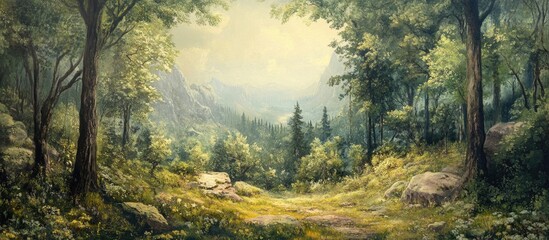 Obraz premium Three dimensional mural of a forest landscape as a nature themed wallpaper backdrop