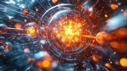 Fototapeta premium Nuclear fission process focusing on atomic interactions with nuclear fuel rods, highlighting energy transfer