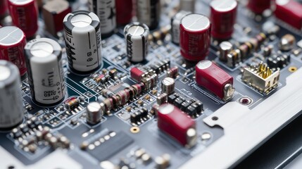Close-up of an audio circuit for wireless communication, featuring precision components, isolated on a white background for a tech-forward look.