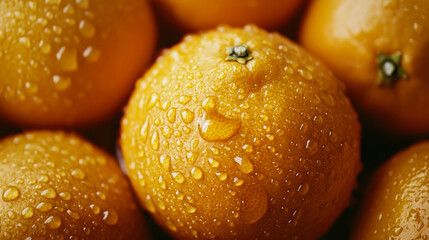 Freshly picked oranges glistening with water droplets, showcasing vibrant color and texture in a farm setting