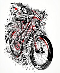 Abstract illustration of a bicycle with intricate designs in black and red.