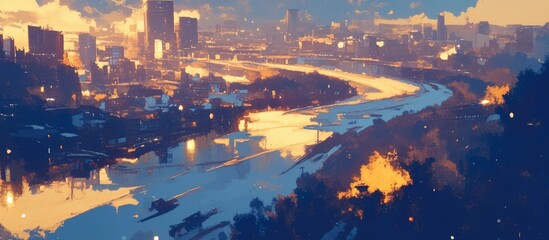 Obraz premium Aerial view of a riverside city at sunset in spring featuring reflections of city lights on a river