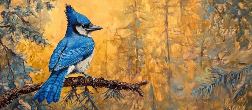 Painting of a blue stellar jay bird resting on a pine tree in a natural setting