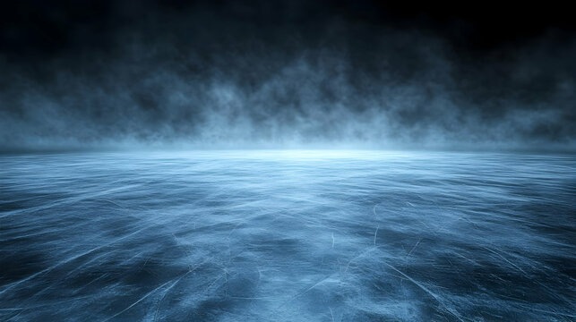 Abstract 3D Rendered Background of a Frosted Blue Ice Surface with a White Glow in the Distance and Fog in the Air