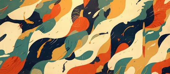 Abstract artwork featuring a repeating pattern of organic ocean inspired shapes against a colorful backdrop