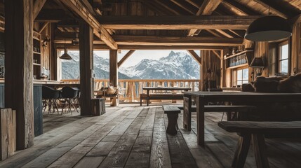 Rustic wooden cabin interior with scenic mountain view, featuring an open-plan design, large windows, and cozy furnishings, perfect for a getaway.