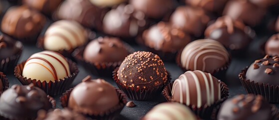 A tempting selection of artisanal chocolate pralines in various designs, perfect for gifting or indulgence. Free copy space for text.