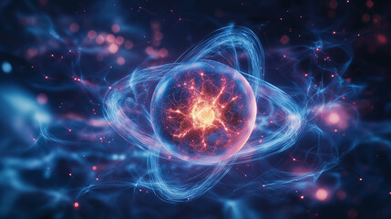 Fusion and fission processes within the atomic nucleus, visualizing energy interaction and particle dynamics 