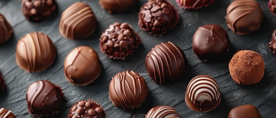 A tempting selection of artisanal chocolate pralines in various designs, perfect for gifting or indulgence. Free copy space for text.