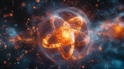 Obraz premium Energy splitting in a nuclear fission process, atomic particles breaking apart, releasing energy in waves 