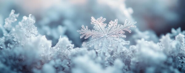 Close-up of a delicate snowflake resting on soft snow, showcasing intricate details and a serene winter atmosphere.