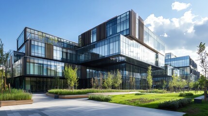 Obraz premium A modern office building with a glass facade and landscaped grounds.
