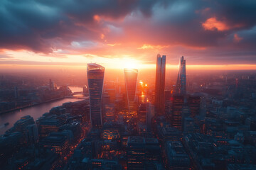 Fototapeta premium Aerial shot of a bustling city as the sun sets, skyscrapers illuminated with golden and pink reflections