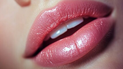 Close up of plump lips with pink lip gloss applied