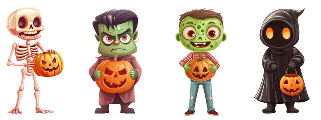 Set of monster character in cartoon style holding a jack o lantern, isolate on transparent background