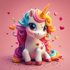 Fototapeta premium Isometric 3D unicorn with rainbow mane, surrounded by sparkles and hearts.