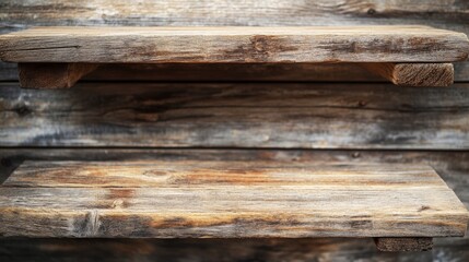 Obraz premium Rustic wooden shelves mounted on aged wood background. Perfect for farmhouse decor, storage concepts, or interior design inspiration.