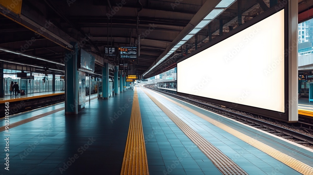 Sticker Empty blank billboard pop muck up at airport train station advertising public commercial ready for new advertisement selective focus 