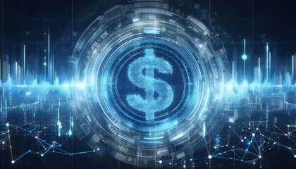 Digital hologram of a dollar sign with blue lines and data points on a white background. Concept of virtual financial transactions. 3D Rendering