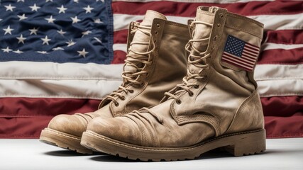 Close-up of worn-out American military boots against a national flag background.
