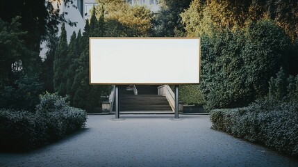 Fototapeta premium Set against a background of greenery and a stairway, a sizable empty billboard offers a space for digital or printed advertising, standing on a speckled concrete surface
