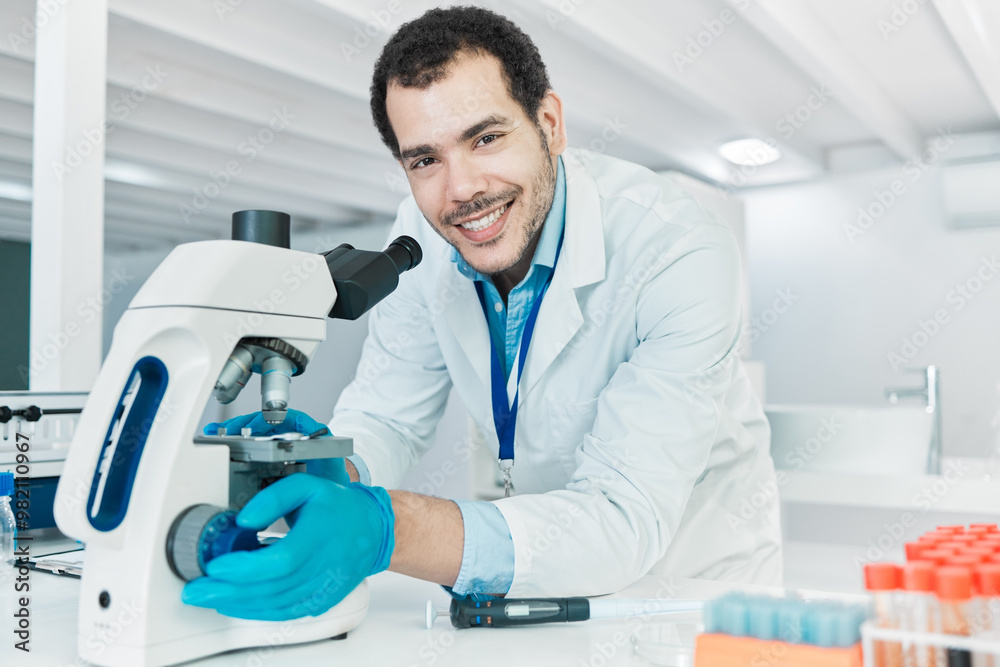 Poster Laboratory, portrait and man with microscope for research, checking and analysis for science study. Healthcare, male scientist and investigation with biotechnology for dna test, review or observation