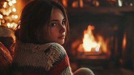 Girl in a sweater by the fireplace