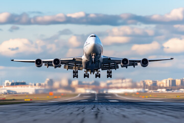Large commercial airplane taking off from runway with city skyline in the background