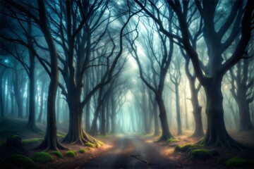 Fototapeta premium Winding path through misty forest with dappled sunlight