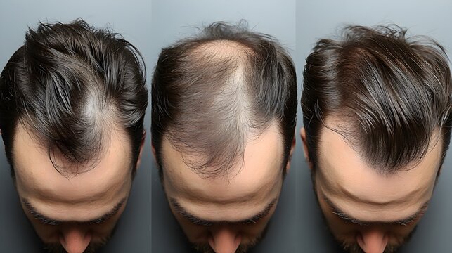 Time-lapse showing progressive hair thickening over time, highlighting the effectiveness of a hair loss treatment plan, gradual changes, Realistic, Soft Focus