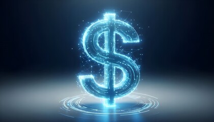 Obraz premium Digital hologram of a dollar sign with blue lines and data points on a white background. Concept of virtual financial transactions. 3D Rendering