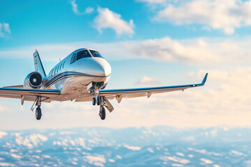 Private jet flying over snow-capped mountains on a sunny day