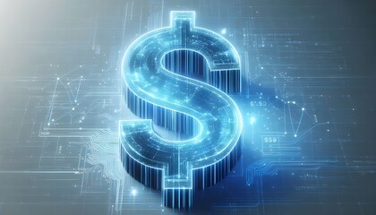 Digital hologram of a dollar sign with blue lines and data points on a white background. Concept of virtual financial transactions. 3D Rendering