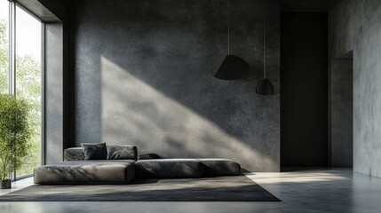 Minimalist black toned design room with concrete walls, showcasing a simple and modern interior design. High quality realistic scenes, highlighting the urban industrial style