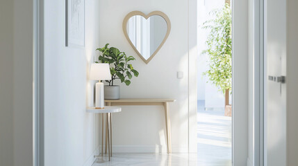 Heart-shaped mirror positioned prominently in a sleek Scandinavian hallway. The scene includes a narrow, minimalist console table beneath the mirror, adorned with a small, decorati