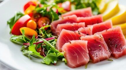 Delicate slices of raw tuna arranged with a fresh vegetable salad on a white plate, creating a vibrant and nutritious dish with bright colors.