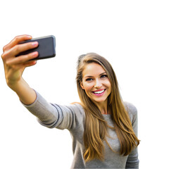 Fototapeta premium Smiling young girl making selfie photo on smartphone isolated over gray wall