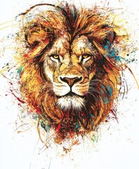 Fototapeta premium A vibrant artistic depiction of a lion's face with colorful splashes and details.