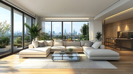 Fototapeta premium Interior sketch of a modern living room layout with a sectional sofa, glass-top coffee table, and large windows, soft natural light entering the room, featuring minimalist decor and sleek,