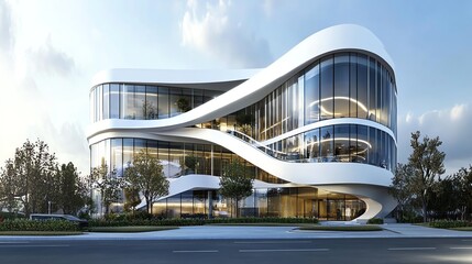 Modern, curved office building with large windows.
