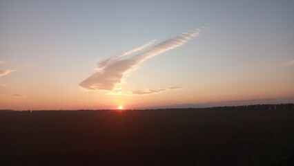 Fluffy white cloud in the setting sun shaped like a rabbit jumping over the horizon.