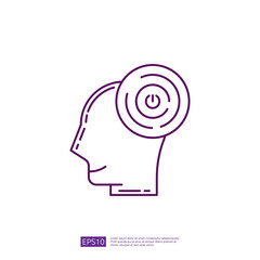 Line icon of human head with power button symbol inside, concept of brain power, human mind, thinking, idea, solution, innovation