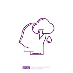 Mental health awareness icon. Human head with rain cloud and lightning bolt. Concept of mental illness, stress, anxiety, depression, emotional, psychology, and therapy.