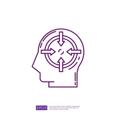 Focus icon, outline head with arrows directed to center, target, goal, aim, concentration, motivation concept vector illustration.